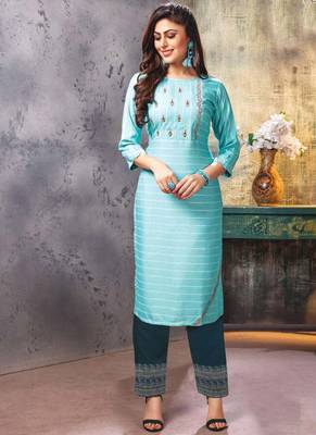Sky Blue Embroidered Kurti with Pants 1