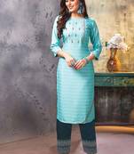 Sky Blue Embroidered Kurti with Pants