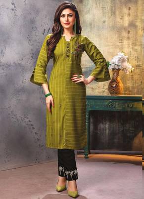 Olive Green Embroidered Kurti with Pants 1
