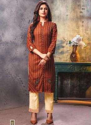 Brown Embroidered Kurti with Pants 1