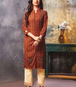 Brown Embroidered Kurti with Pants