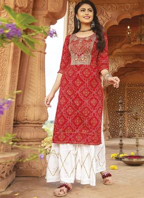 Red Rayon Cotton Bandhej Readymade Kurti With Sharara 1