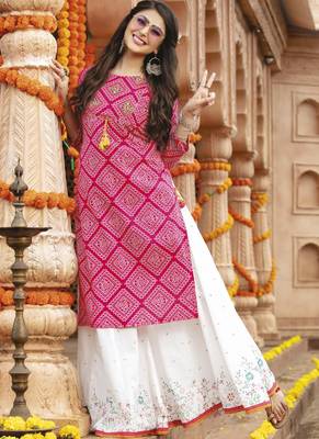 Magenta Rayon Cotton Bandhej Readymade Kurti With Sharara 1