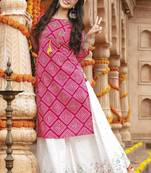 Magenta Rayon Cotton Bandhej Readymade Kurti With Sharara