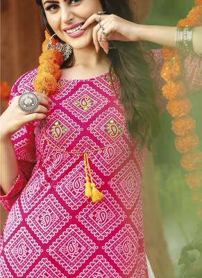 Magenta Rayon Cotton Bandhej Readymade Kurti With Sharara 2