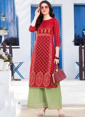 Red Rayon Designer Kurta Palazzo Set For Regular Wear 1