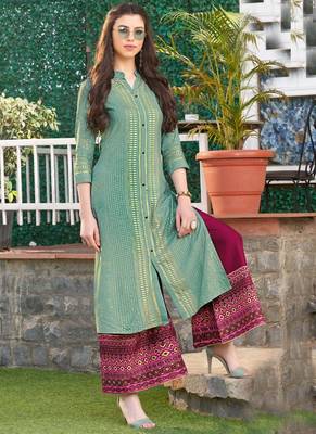 Aqua Blue Rayon Designer Kurta Palazzo Set For Regular Wear 1