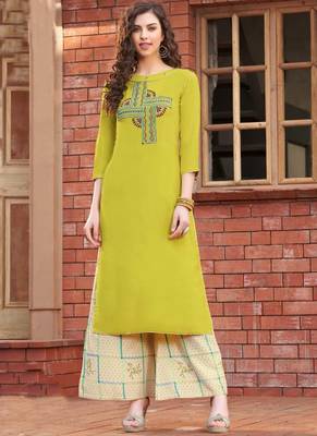 Lime Rayon Designer Kurta Palazzo Set For Regular Wear 1