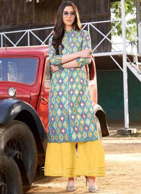 Sky Blue Rayon Designer Kurta Palazzo Set For Regular Wear 1