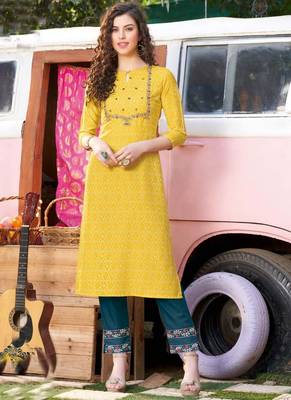 Yellow Rayon Designer Kurta Pant Set For Regular Wear 1