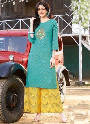 Aqua Blue Rayon Designer Kurta Palazzo Set For Regular Wear 1