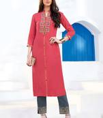 Red Rayon Designer Kurta Pant Set For Regular Wear