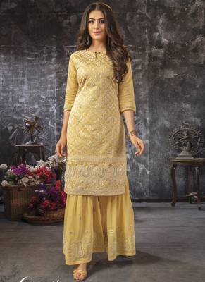 Admirable Yellow Party Wear Sharara Style Suit 1