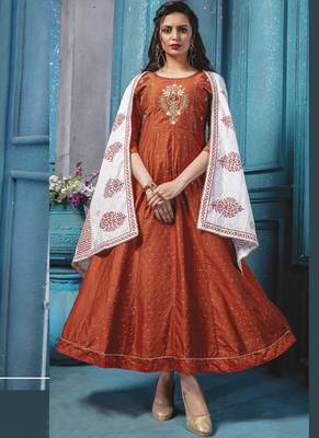 Orange Chanderi Silk Long Kurti with Cotton Printed Dupatta 1