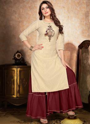 Off White Maroon Cotton Lurex Embroidery Kurti With Sharara 1