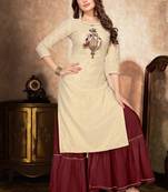 Off White Maroon Cotton Lurex Embroidery Kurti With Sharara