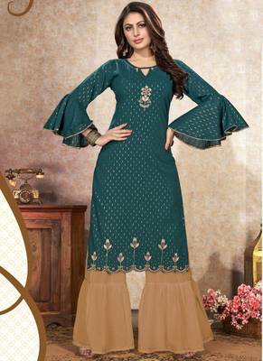 Teal Beige Cotton Lurex Embroidery Kurti With Sharara 1