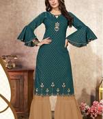 Teal Beige Cotton Lurex Embroidery Kurti With Sharara
