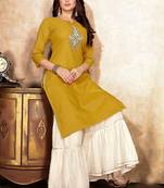 Yellow Off White Cotton Lurex Embroidery Kurti With Sharara