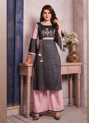 Grey Pink Rayon Embroidery Kurta With Palazzo 1
