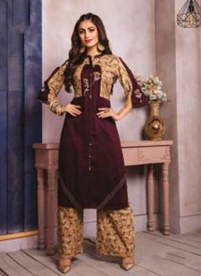 Brown & Cream Rayon Embroidery Kurta With Palazzo 1