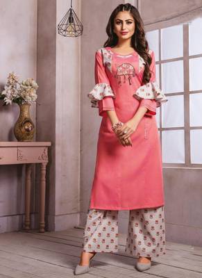 Pink & Off White Rayon Embroidery Kurta With Palazzo 1