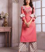Pink & Off White Rayon Embroidery Kurta With Palazzo