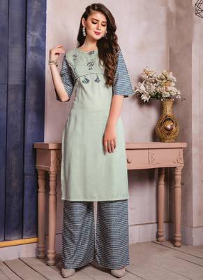 Sea Green & Grey Rayon Embroidery Kurta With Palazzo 1