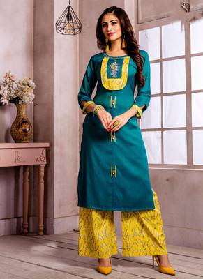 Aqua Blue & Yellow Rayon Embroidery Kurta With Palazzo 1