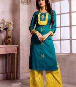 Aqua Blue & Yellow Rayon Embroidery Kurta With Palazzo