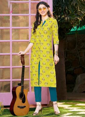 Yellow Rayon Printed Designer Kurti 1
