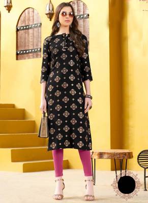 Black Rayon Printed Designer Kurti 1