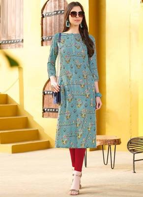 Aqua Blue Rayon Printed Designer Kurti 1