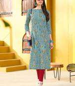 Aqua Blue Rayon Printed Designer Kurti