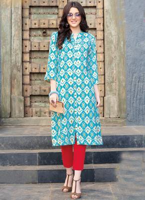 Sky Blue Rayon Printed Designer Kurti 1