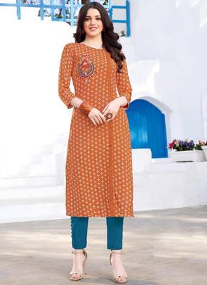 Orange Rayon Printed Designer Kurti 1
