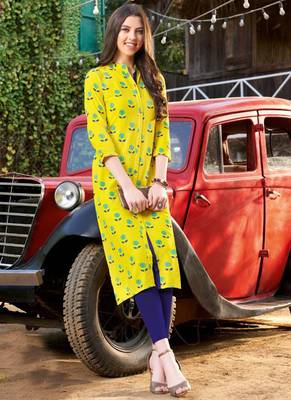 Yellow Rayon Printed Designer Kurti 1