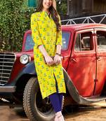 Yellow Rayon Printed Designer Kurti