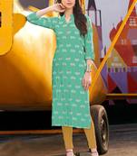 Turquoise Rayon Printed Designer Kurti