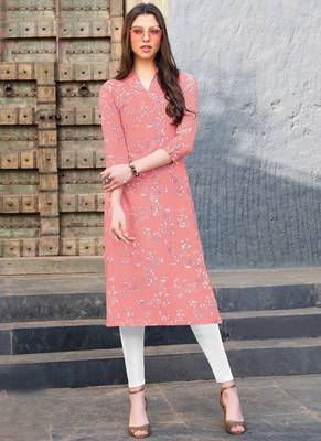 Peach Rayon Printed Designer Kurti 1