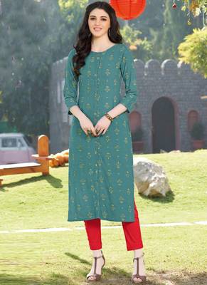Aqua Blue Rayon Printed Designer Kurti 1