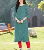 Aqua Blue Rayon Printed Designer Kurti