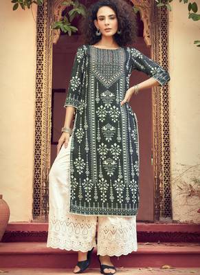Black White Rayon Printed Kurta Palazzo 1