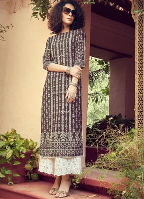 Brown White Rayon Printed Kurta Palazzo 1