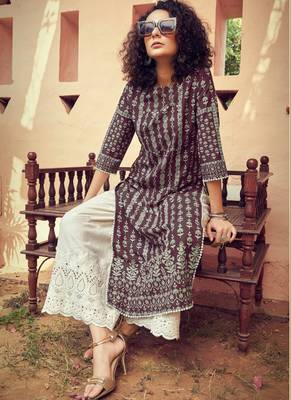 Brown White Rayon Printed Kurta Palazzo 3