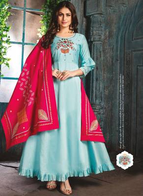Sky Blue Chanderi Kurti with Block print Dupatta 1