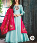 Sky Blue Chanderi Kurti with Block print Dupatta