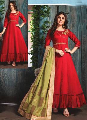 Red Chanderi Kurti with Block print Dupatta 1