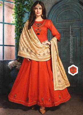 Orange Chanderi Kurti with Block print Dupatta 1