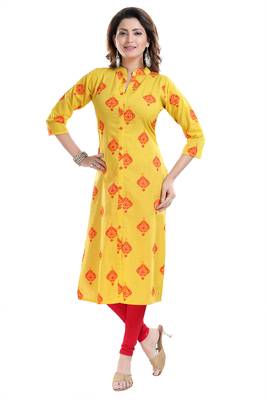 Yellow printed cotton cotton-kurtis 1